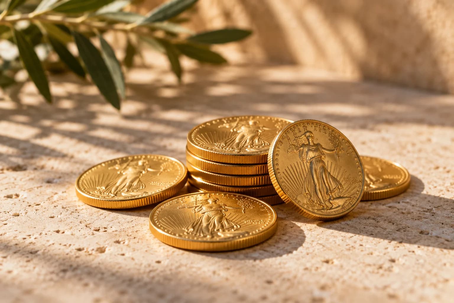 Gold bullion coins on sunlit limestone